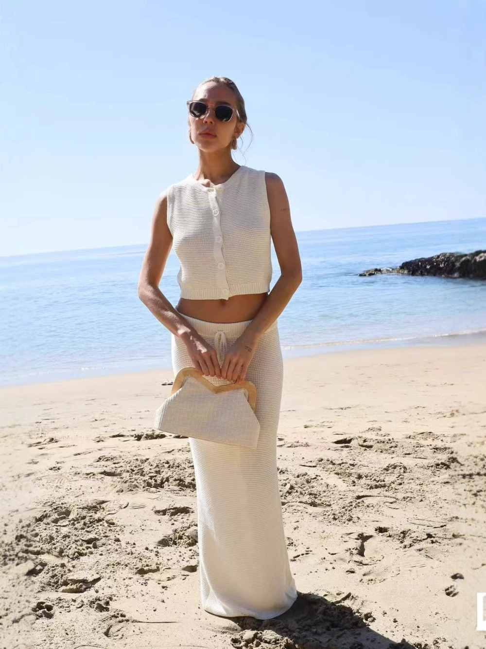 Zara Button Front Hollow Knit Beach Cover Up and Long Dress Set